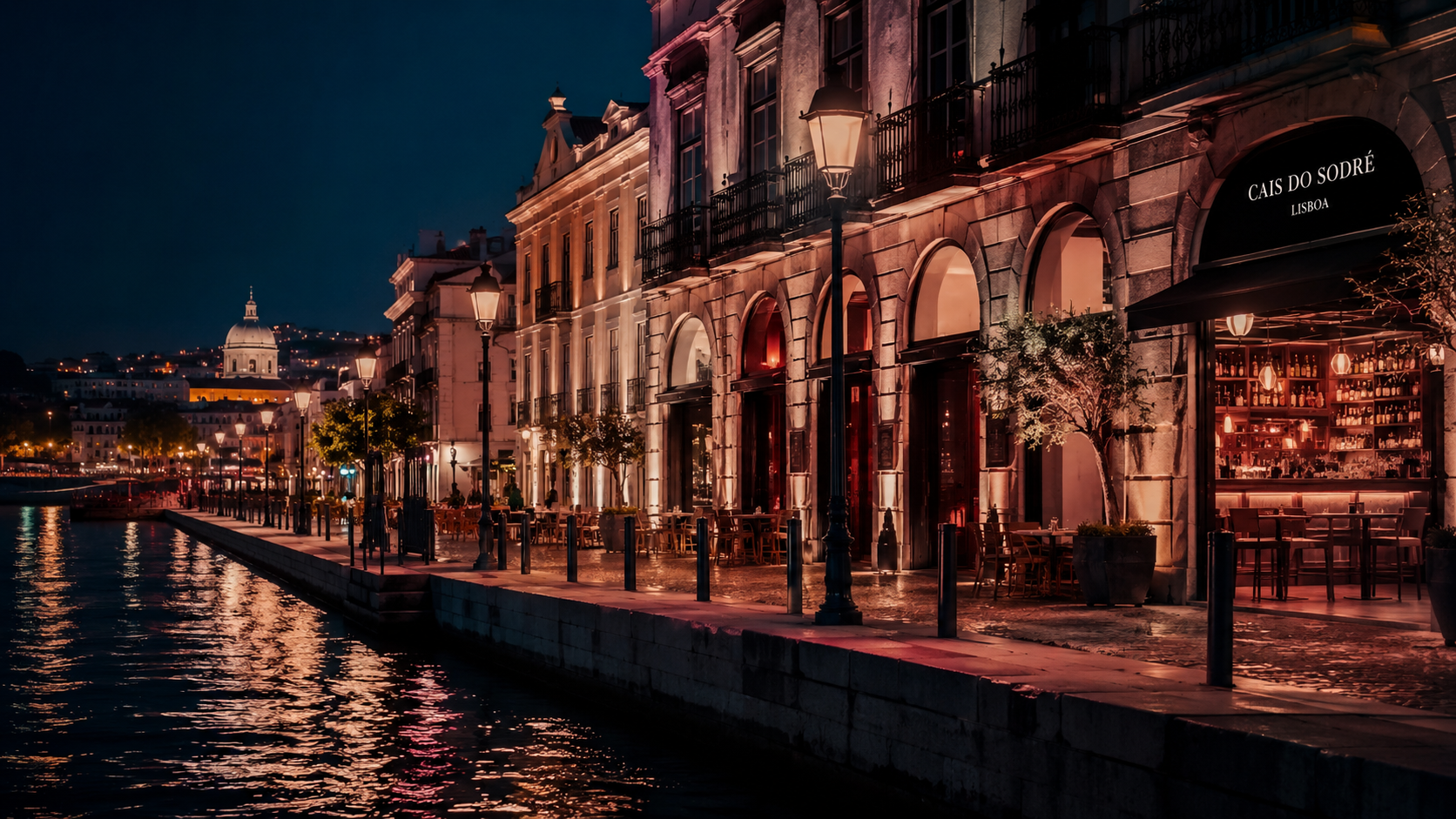 Lisbon waterfront at night, Cais do Sodré elegant cityscape with warm bar lights reflecting on the Tagus River