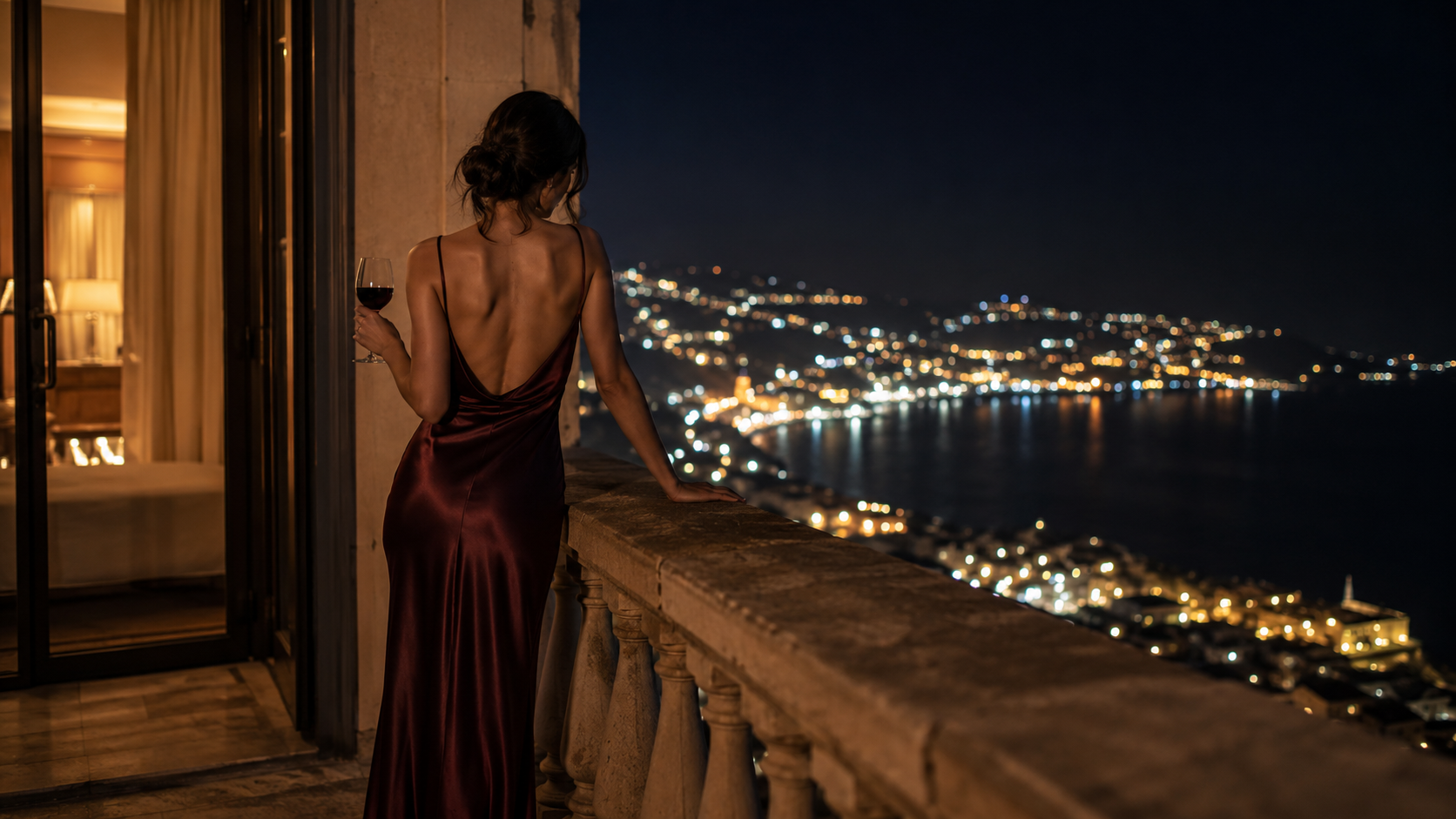 Mulher elegante na varanda de um hotel em Funchal, Madeira, ao anoitecer, com vista para a baía iluminada