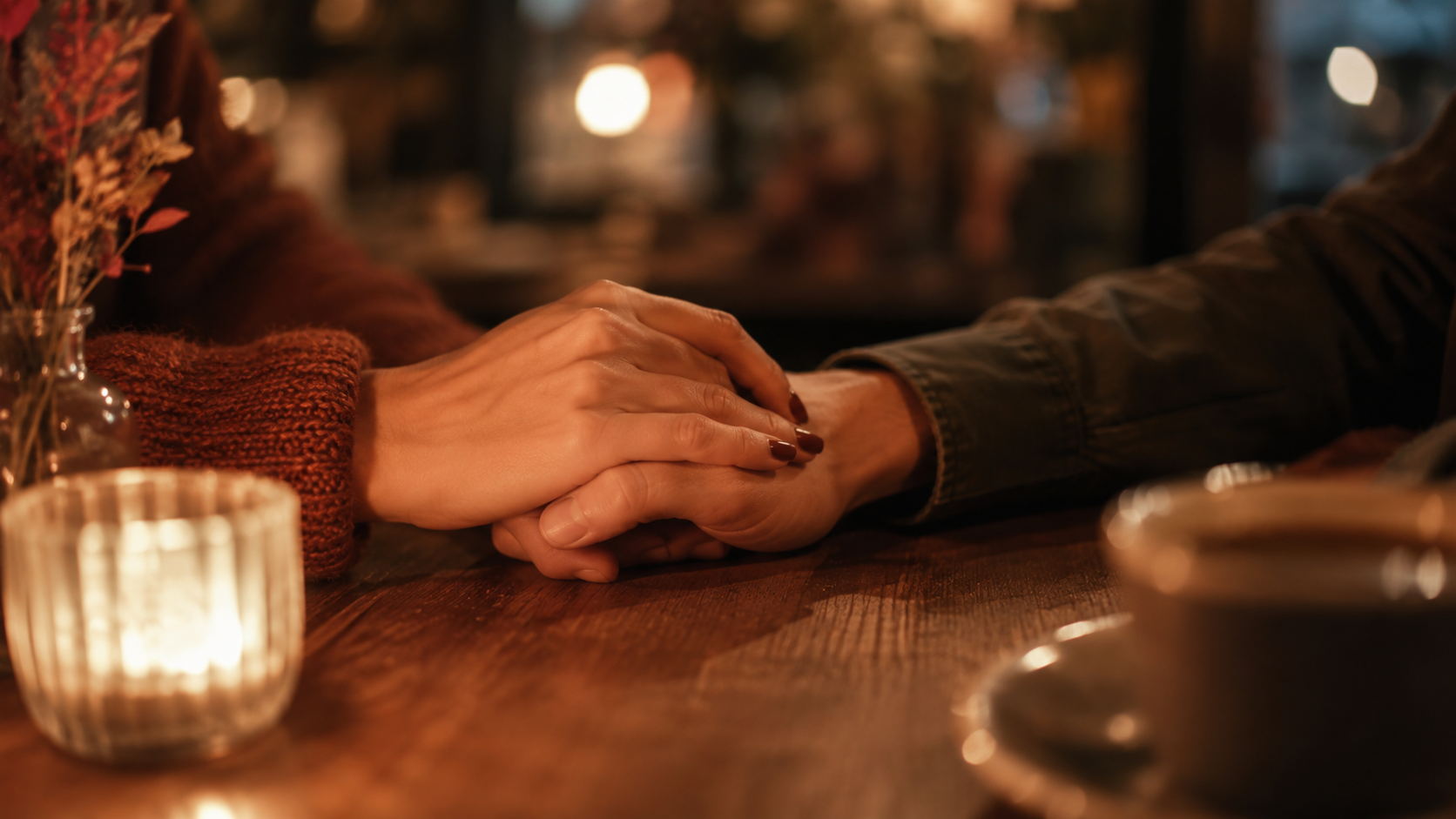 Duas mãos entrelaçadas sobre uma mesa com luz quente, representando as linguagens do amor