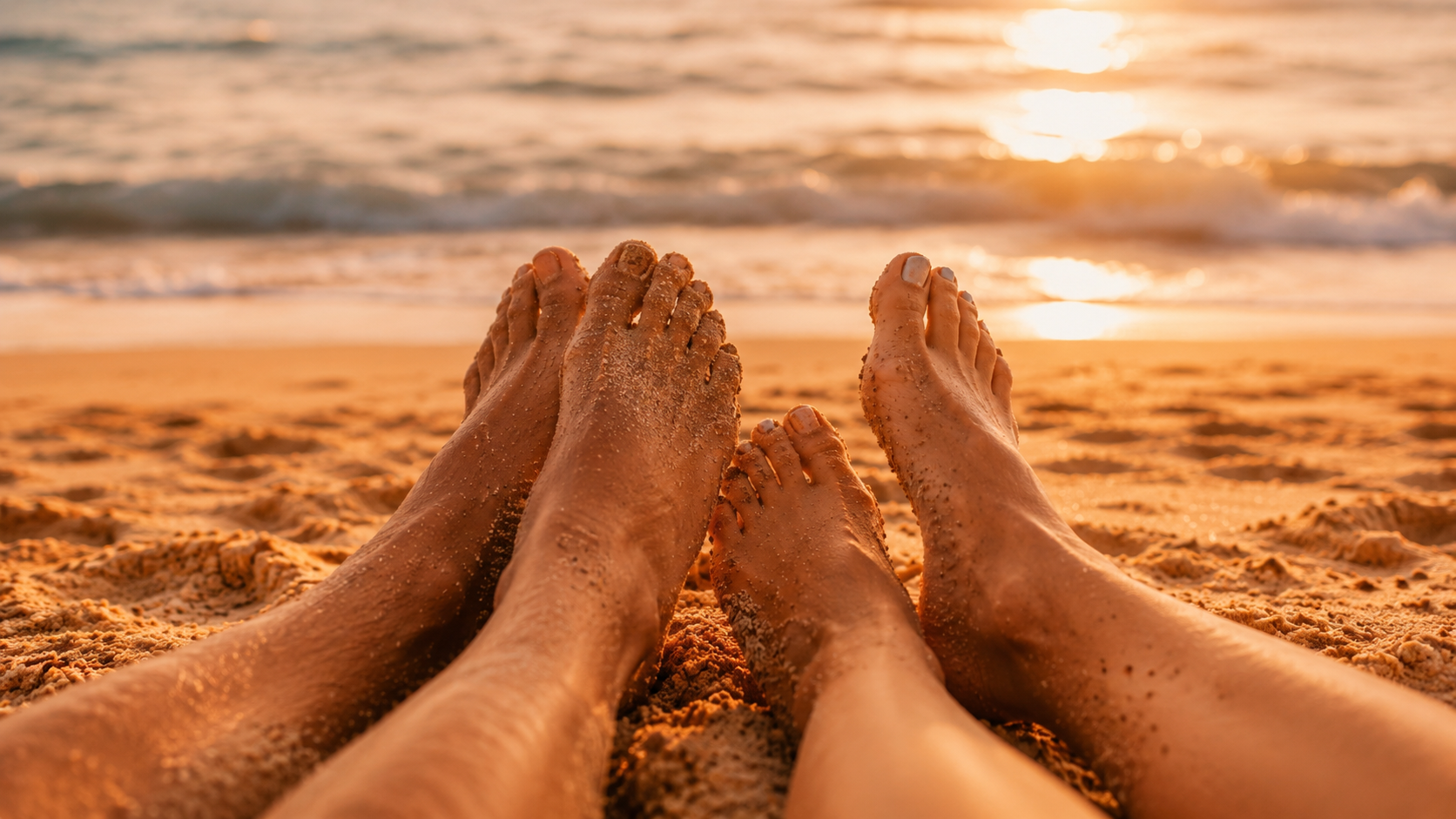 Pés descalços na areia quente ao entardecer numa praia portuguesa, clima de verão e intimidade