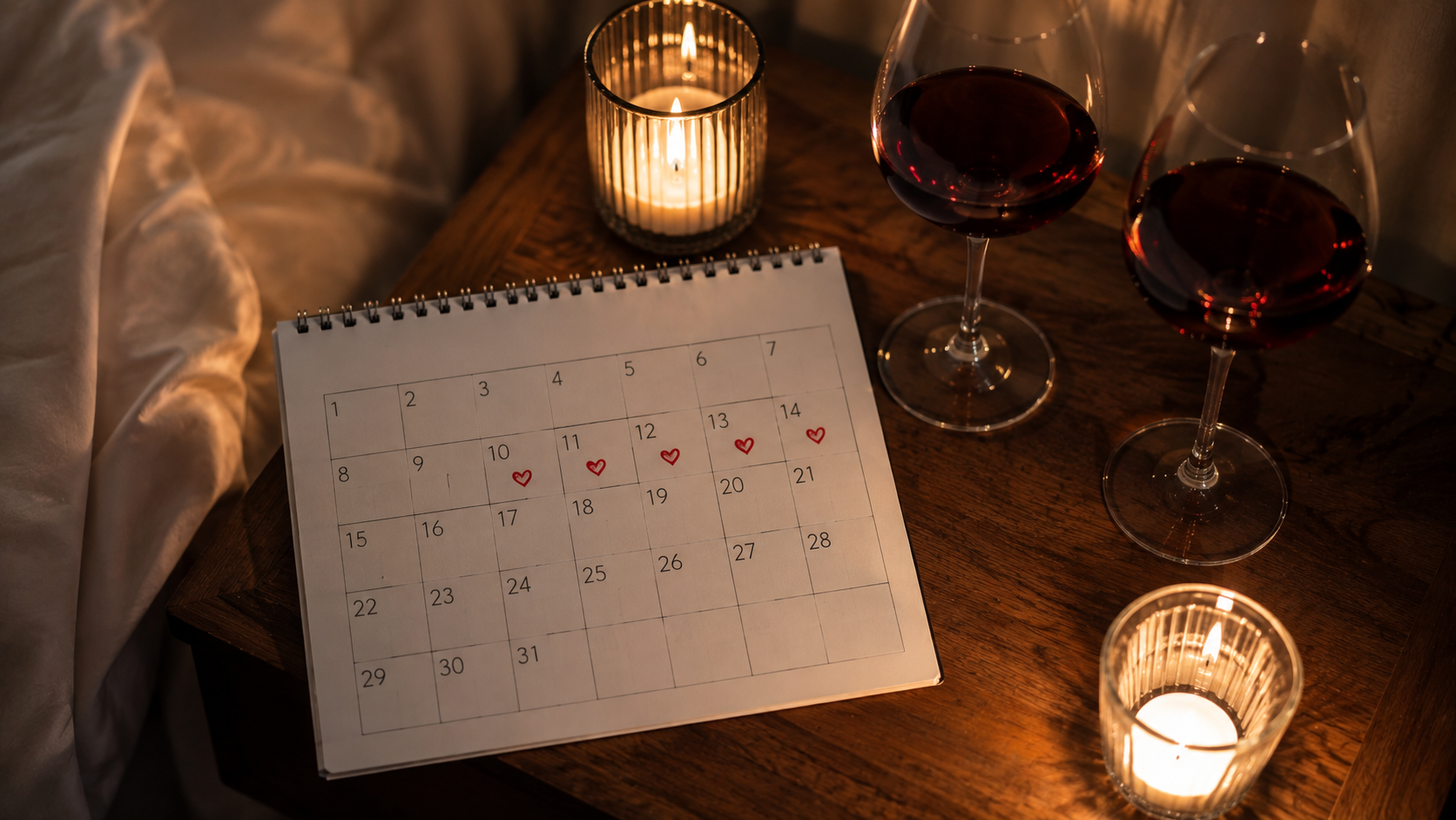 Calendário aberto com corações marcados em certos dias, cercado por taças de vinho e velas acesas, representando um planejamento de encontros românticos