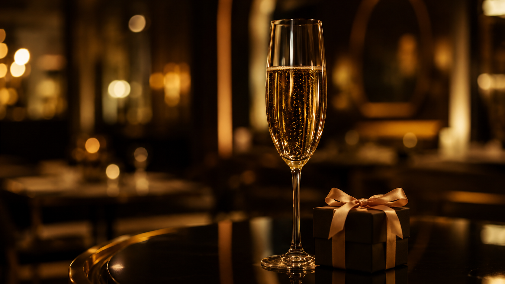 Taça de champanhe e caixa de presente elegante sobre mesa escura com iluminação dourada, representando o conceito de sugar dating