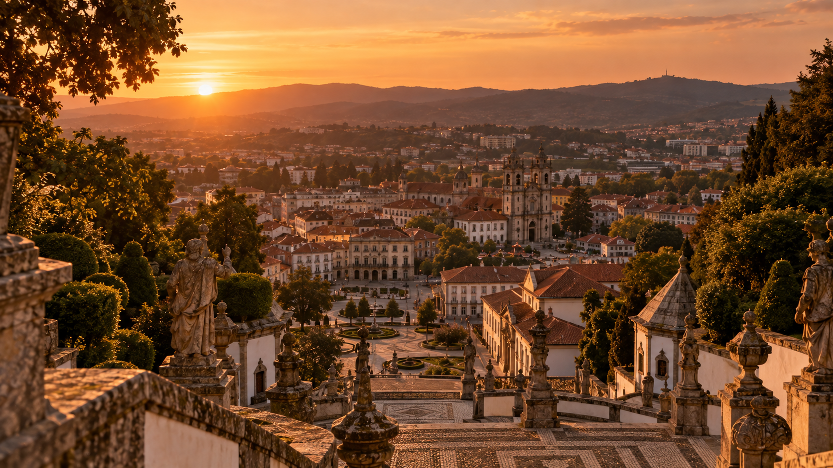 Vista do centro histórico de Braga ao entardecer com iluminação quente, guia de acompanhantes verificadas