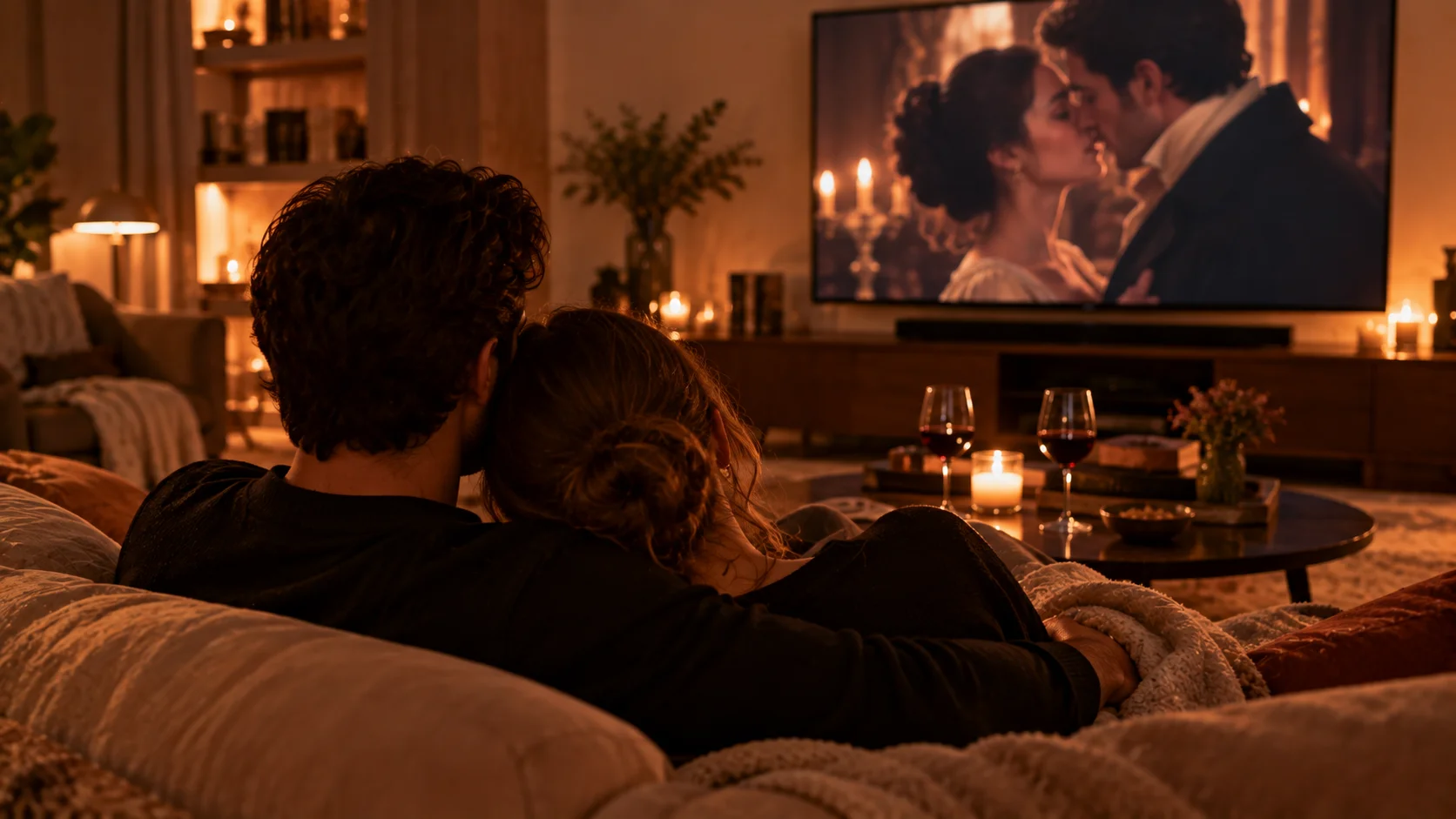 Casal visto de costas no sofá com luz quente do ecrã da televisão, taças de vinho na mesa e manta sobre as pernas