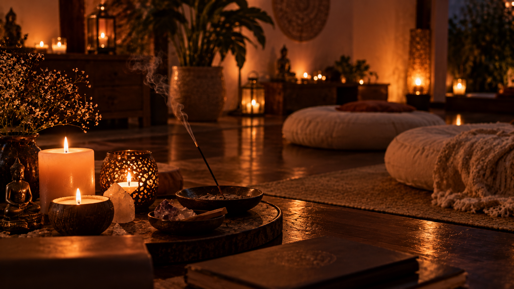 Velas acesas e incenso sobre superfície escura com iluminação quente, ambiente de meditação e intimidade tântrica