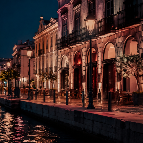 Lisbon waterfront at night, Cais do Sodré elegant cityscape with warm bar lights reflecting on the Tagus River