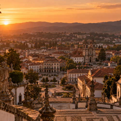 Vista do centro histórico de Braga ao entardecer com iluminação quente, guia de acompanhantes verificadas