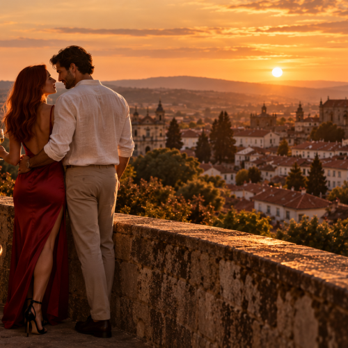 Vista panorâmica de Viseu ao entardecer com a Sé Catedral em destaque