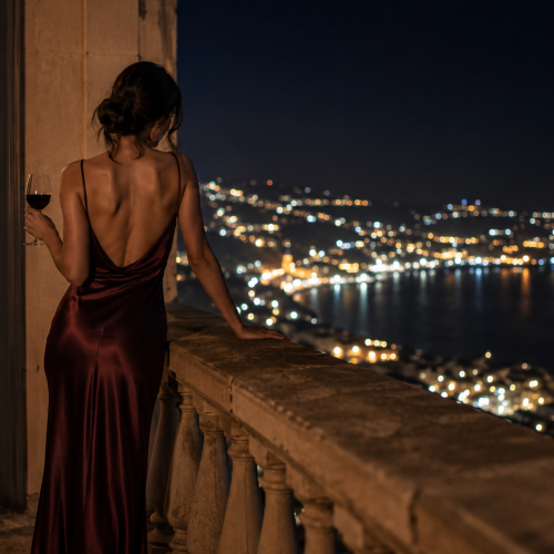 Mulher elegante na varanda de um hotel em Funchal, Madeira, ao anoitecer, com vista para a baía iluminada