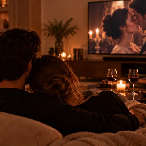 Casal visto de costas no sofá com luz quente do ecrã da televisão, taças de vinho na mesa e manta sobre as pernas
