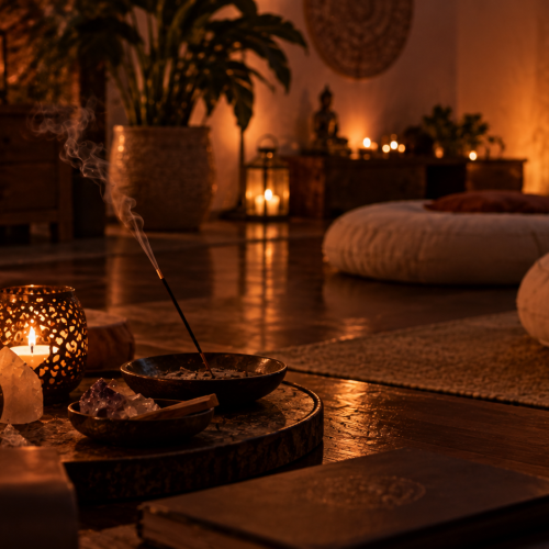 Velas acesas e incenso sobre superfície escura com iluminação quente, ambiente de meditação e intimidade tântrica