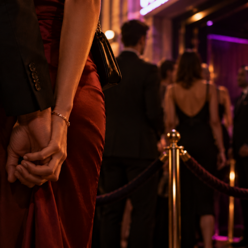Mãos de casal entrelaçadas na fila de entrada de um clube noturno com luz roxa e outros casais ao fundo, ambiente elegante e discreto